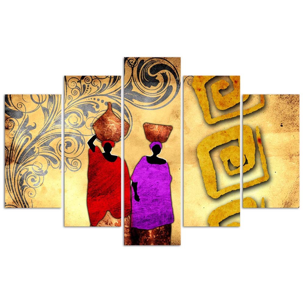 Deco panel, African women with jugs, 5 part