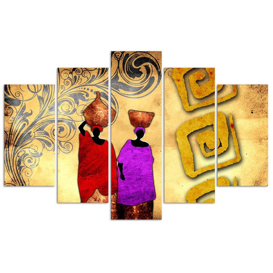 Deco panel, African women with jugs, 5 part