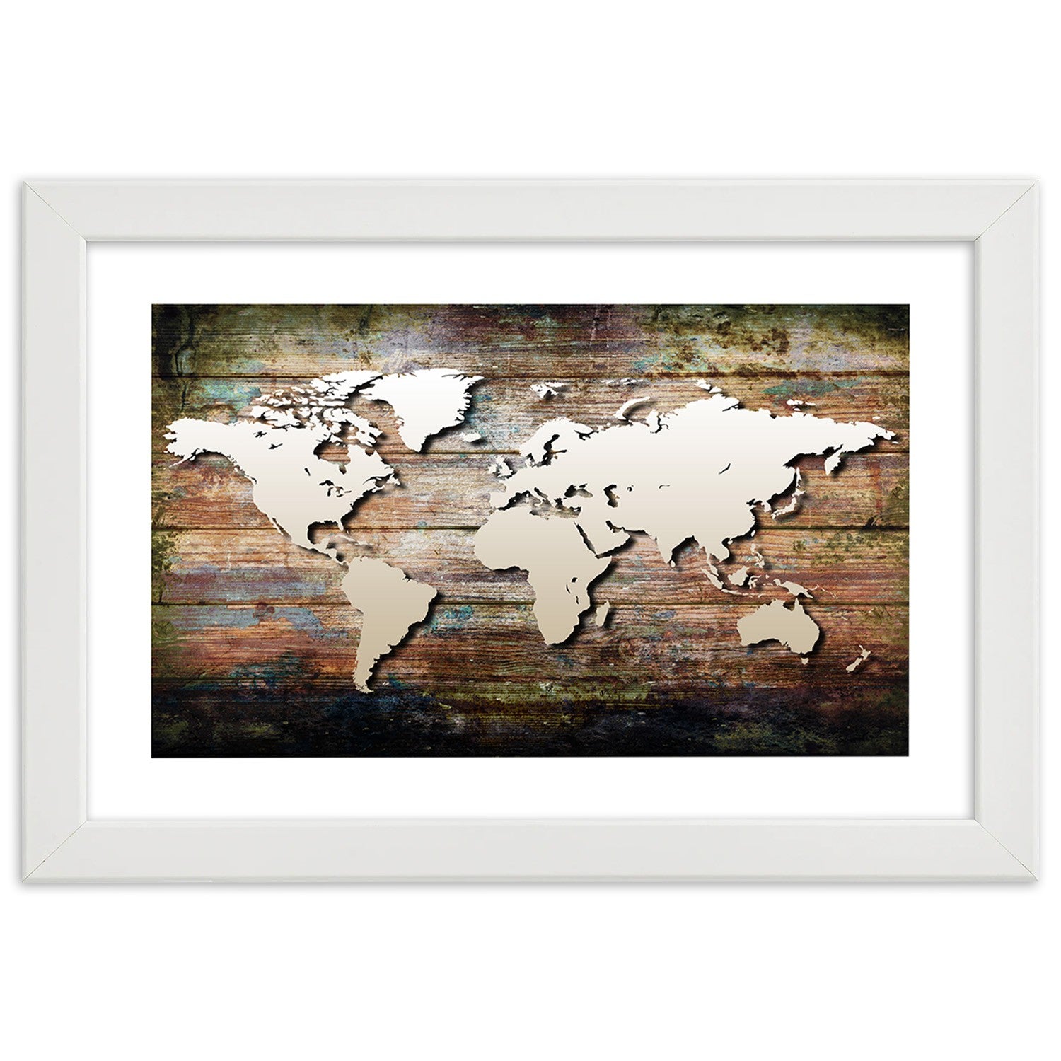 Picture in frame, World map on old planks