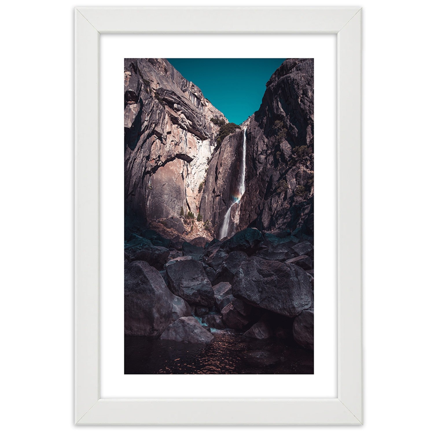 Picture in frame, Waterfall among high rocks