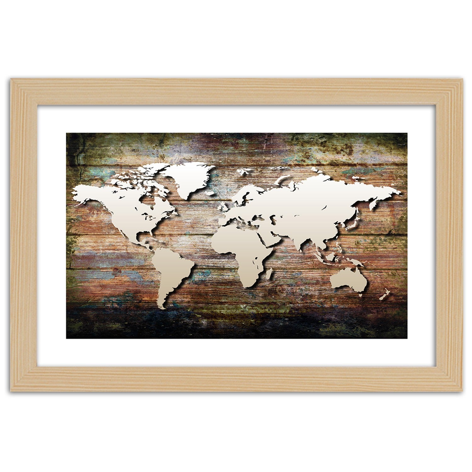 Picture in frame, World map on old planks