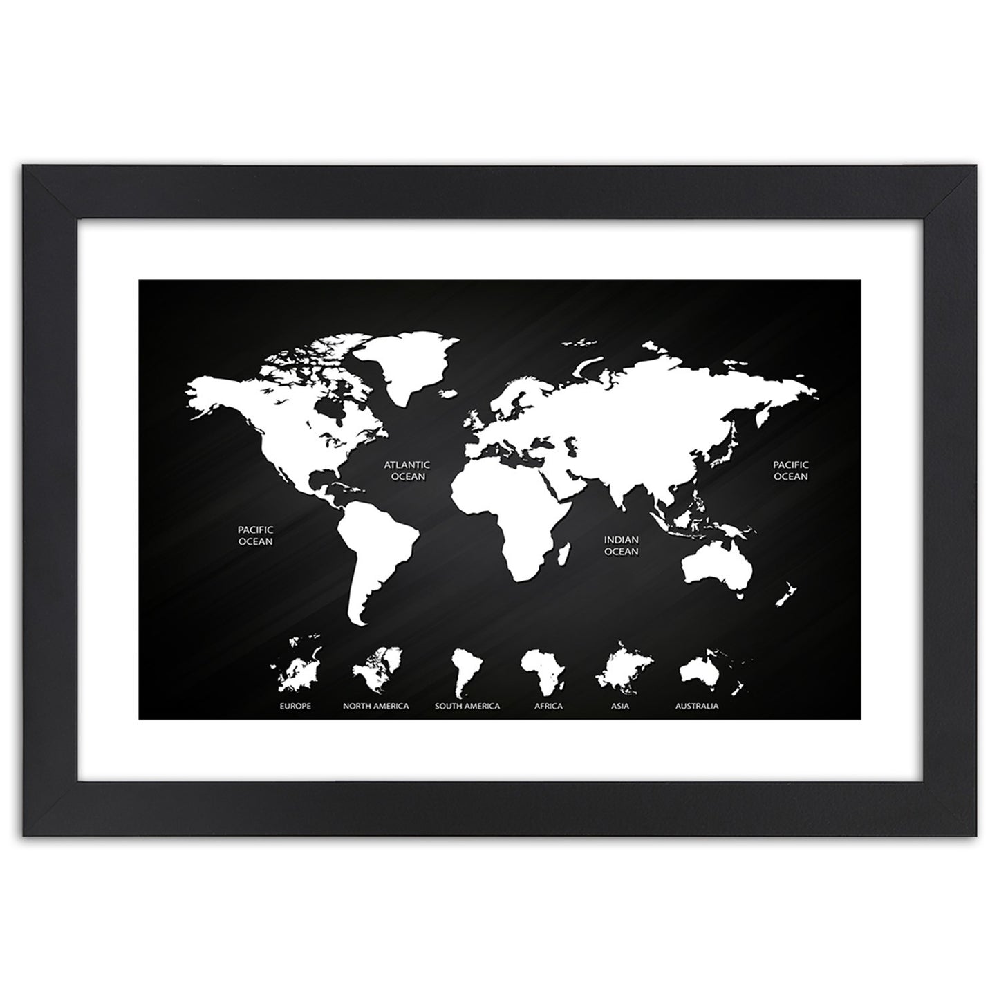 Picture in frame, Contrasting world map and continents