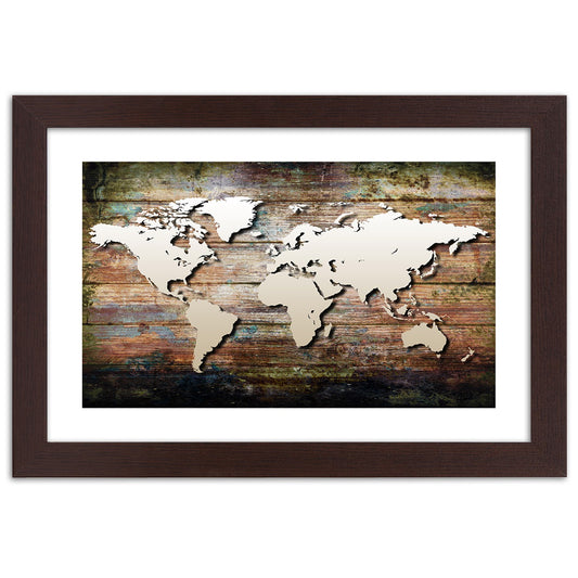 Picture in frame, World map on old planks