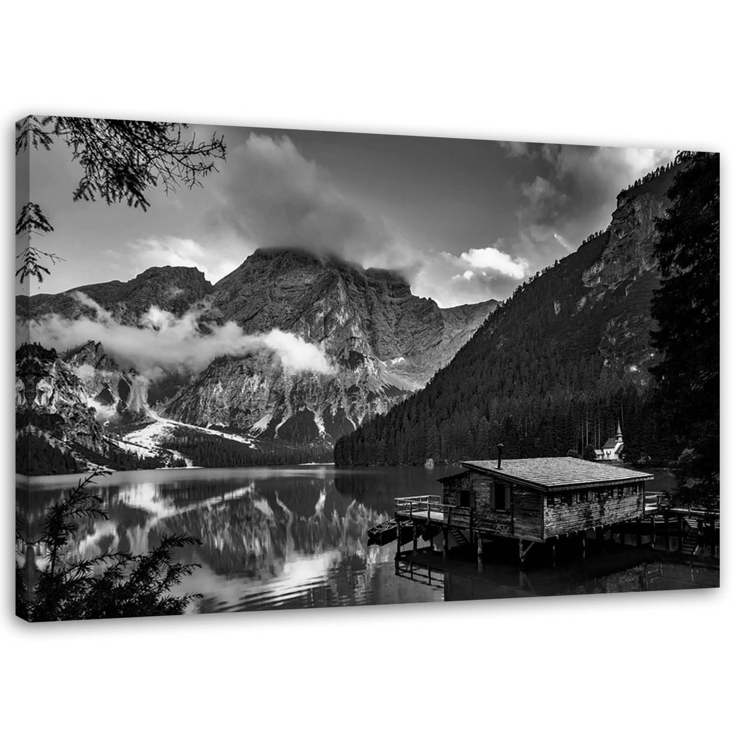 Canvas, Mountain lakeside cabin - black and white
