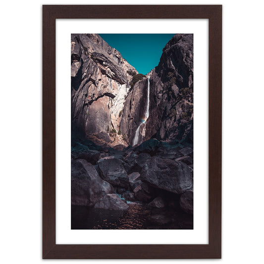 Picture in frame, Waterfall among high rocks