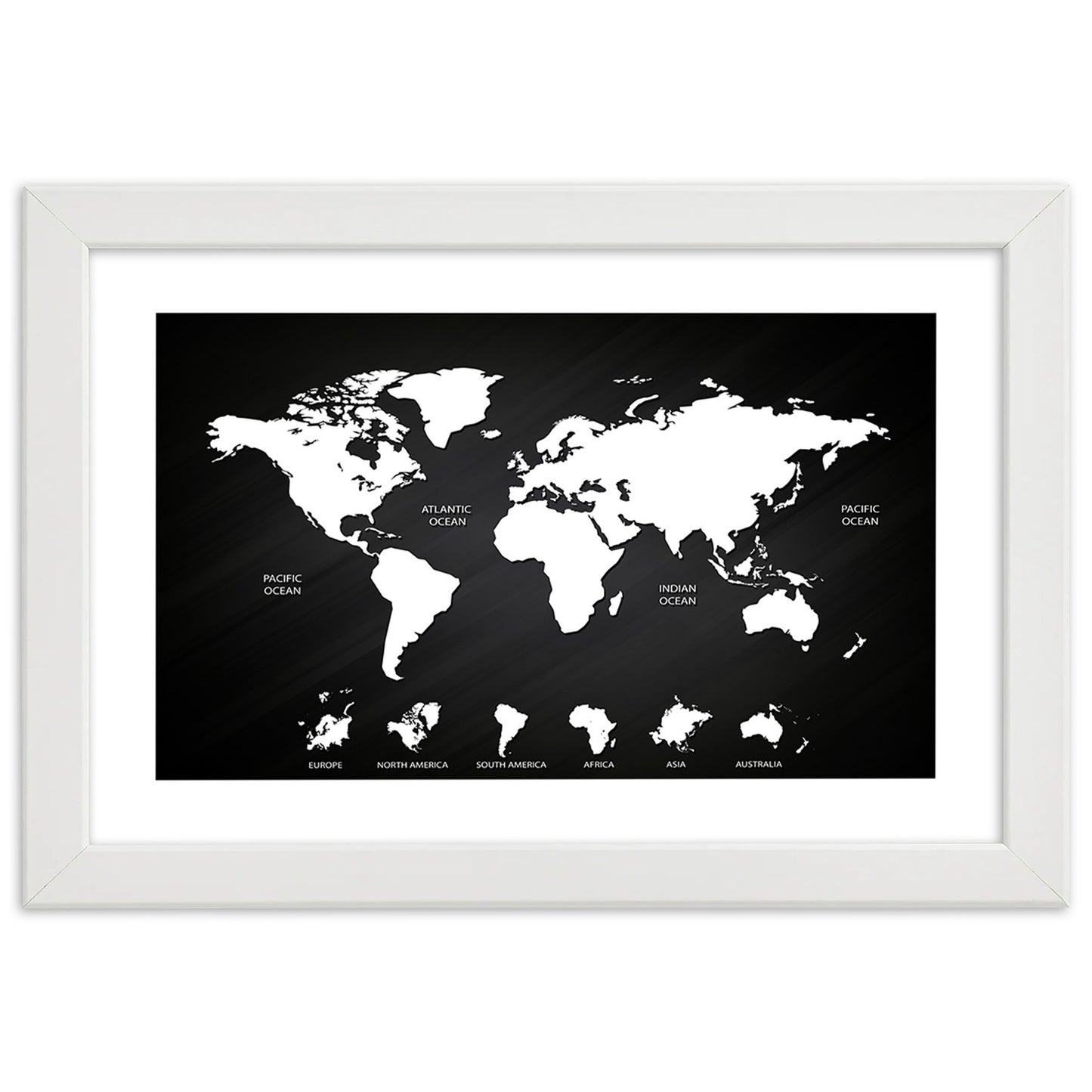 Picture in frame, Contrasting world map and continents