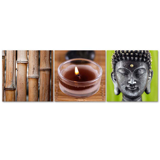 Deco panel, Bamboo, candle and buddha, 3-panel