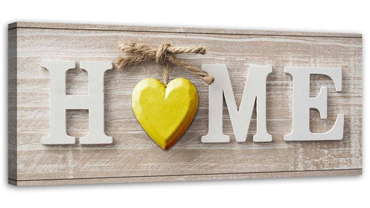 Canvas, Home inscription with a yellow heart on light wood