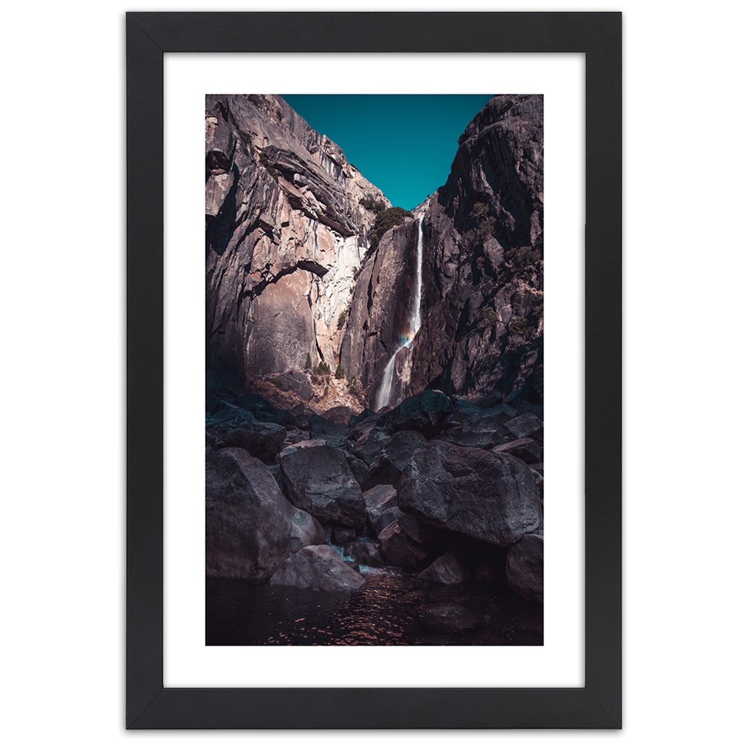 Picture in frame, Waterfall among high rocks