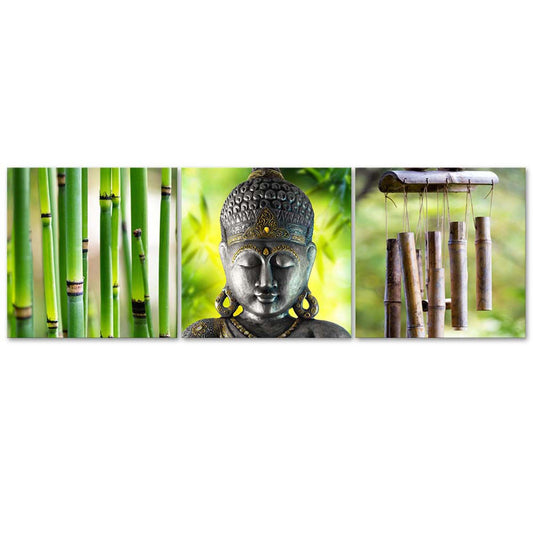 Deco panel, Green zen composition with buddha and bamboo, 3-part