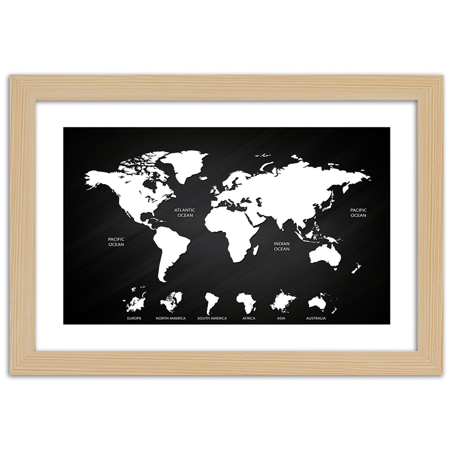 Picture in frame, Contrasting world map and continents