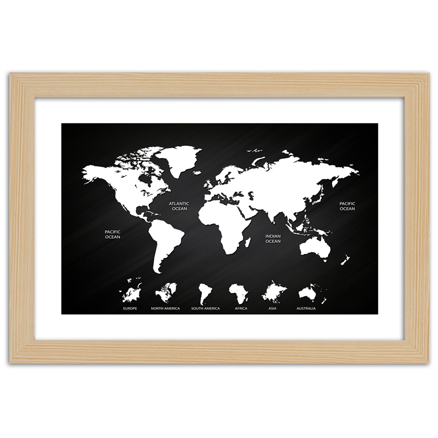 Picture in frame, Contrasting world map and continents