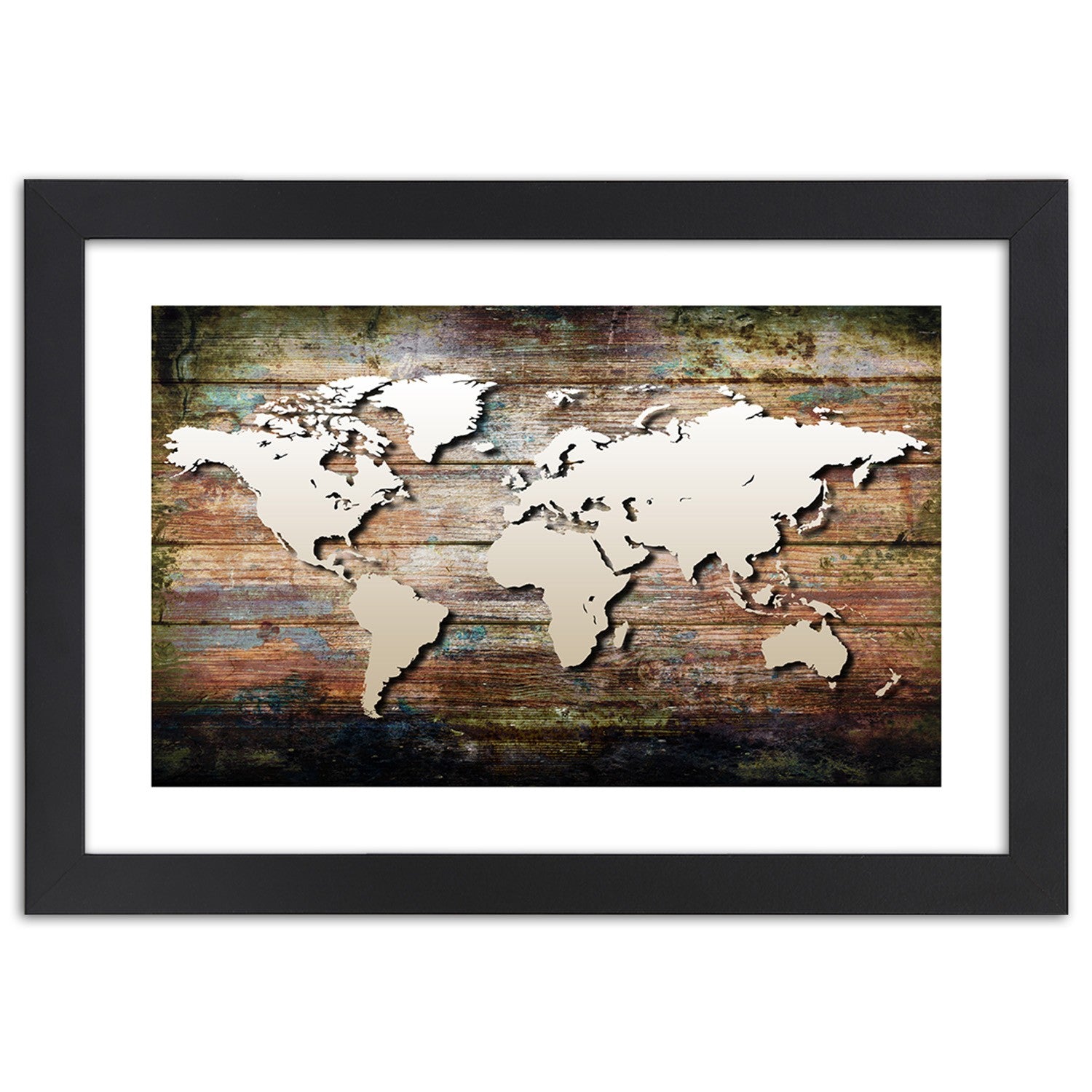 Picture in frame, World map on old planks