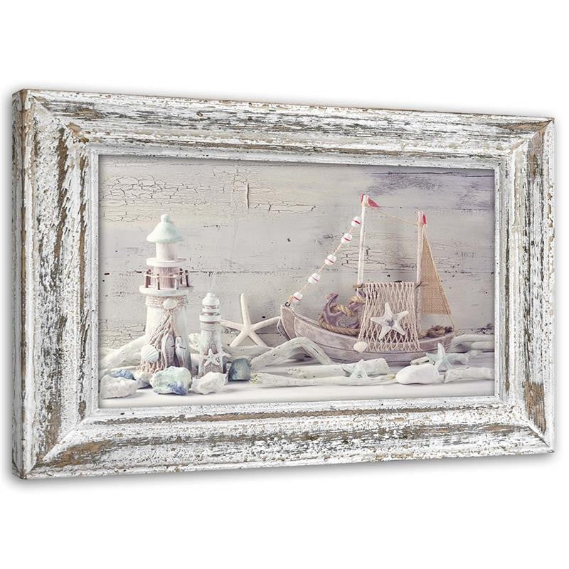 Canvas, Seaside souvenirs in a shabby chic wooden frame