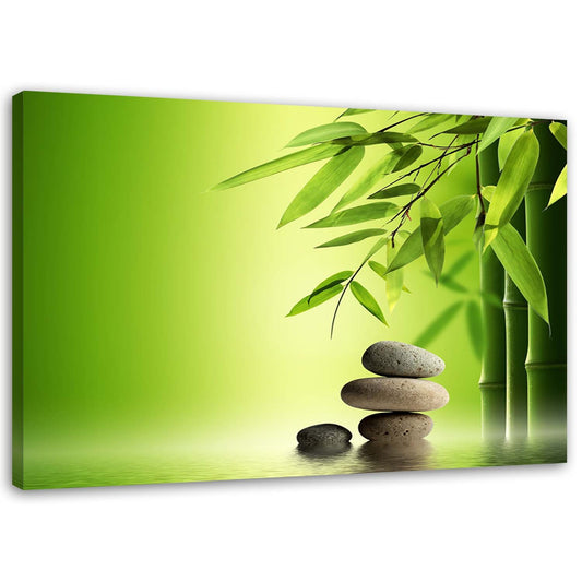 Canvas, Zen stones and bamboo on green background