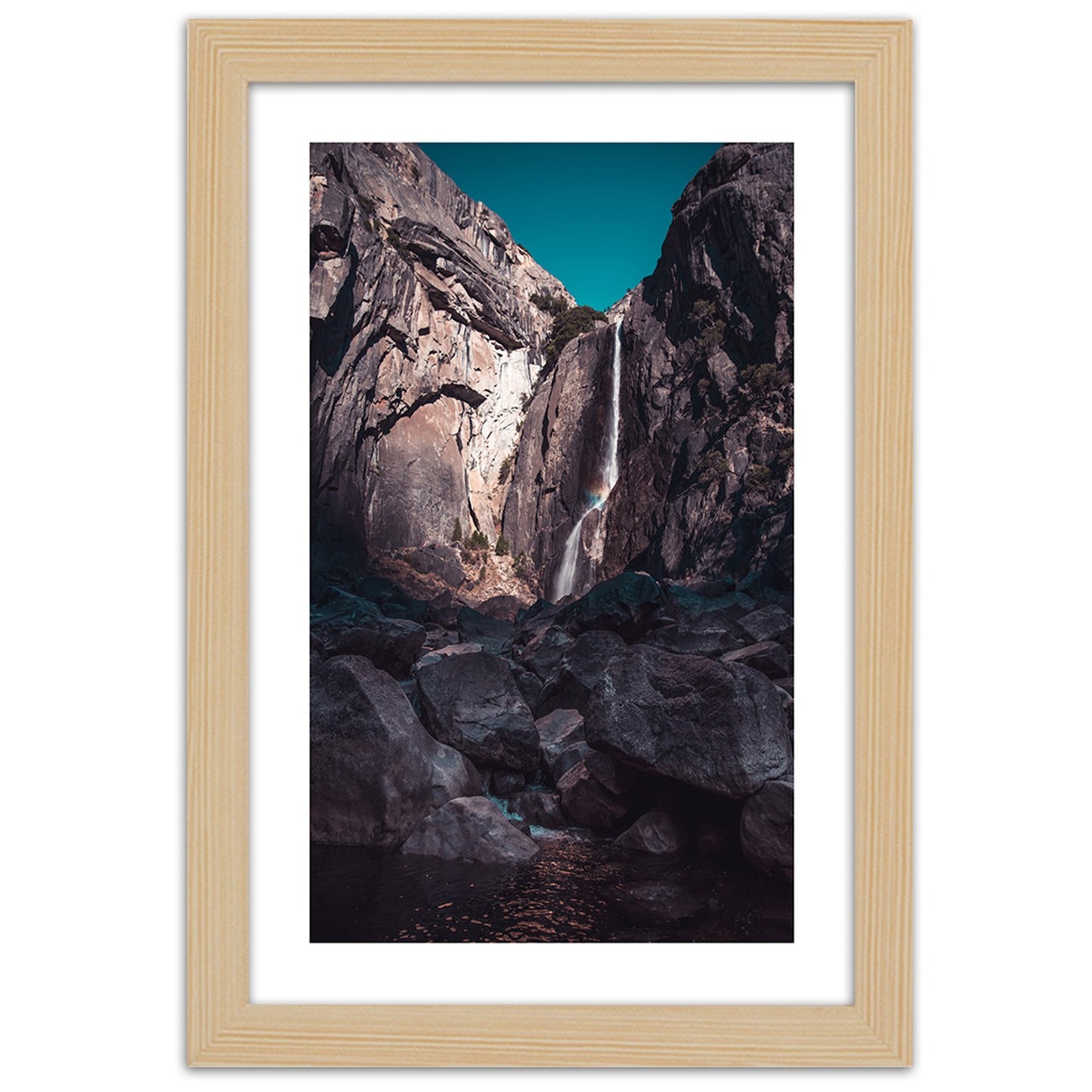 Picture in frame, Waterfall among high rocks